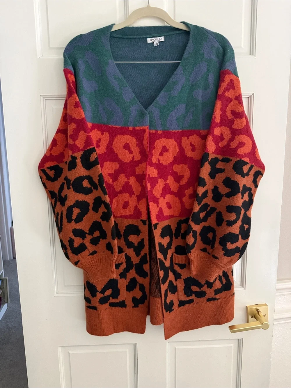 NWT Baciano Multicolor Leopard-Print Open Cardigan - Green, Red, Rust, Black